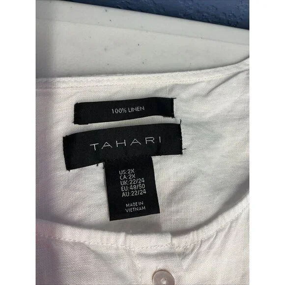 TAHARI Collarless Linen Tunic Size 2X Button Down Shirt White Roll Tab flowy - Picture 7 of 8